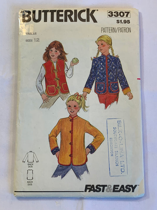 Butterick Sewing Pattern 3307 Girls' Jacket, Vest, Loose-Fitting, Reversible, Collar, Pockets, Quilted, Size 12, Cut, Vintge 1998