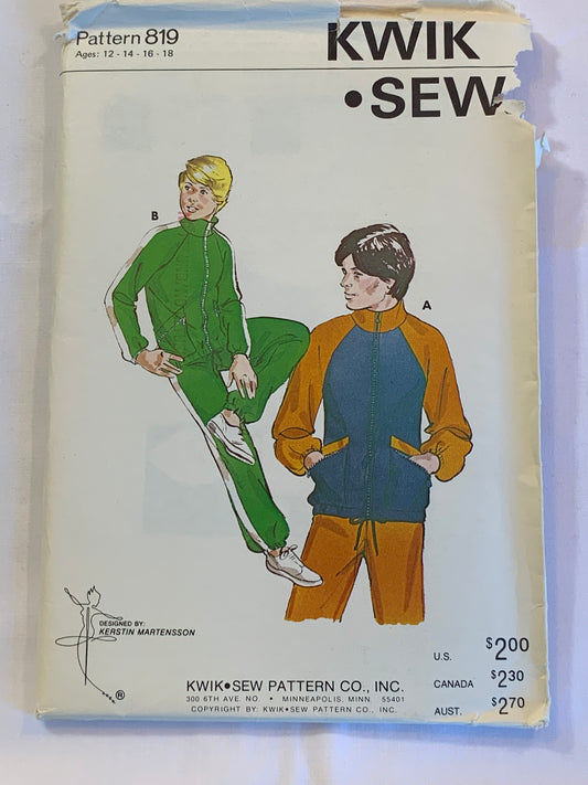 KWIK Sewing Pattern 819 Junior Boys' Jogging Suit, Top, Pants, Zipper Front, Pockets, Long Raglan Sleeves, Size 12-18, Uncut, Vintage 1987