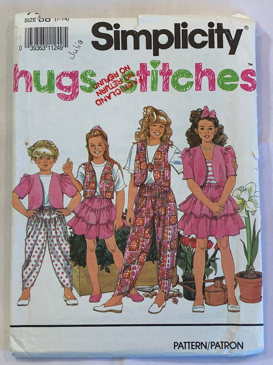 Simplicity Sewing Pattern 7266 Girls' Skirt, Zouave Pants, Jacket, Vest, Pull-On, Elastic Waist, Lined, Short Sleeves, Size 14, Cut, Vintage 1991