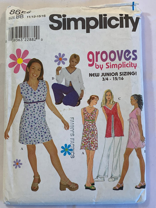 Simplicity Grooves Sewing Pattern 8656 Misses'/Juniors' Dress, Tunic, Knit Pants, Mini, A-Line, Long/Short Sleeves, Sleeveless,, Size 11-16, Uncut, Vintage 1999