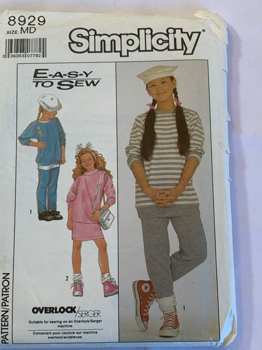 Simplicity Sewing Pattern 8929 Girls' Pants, Knit Top, Skirt, Elastic Waist, Long Sleeves, Size 2-4, Uncut, Vintage 1997