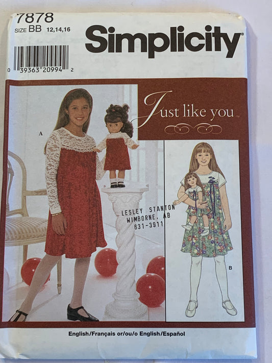 Simplicity Sewing Pattern 7878 Girls' Dress, Doll Dress 18", Zipper Back, Long/Short Sleeves, Flared Skirt, Size 12-16, Uncut, Vintage 1997