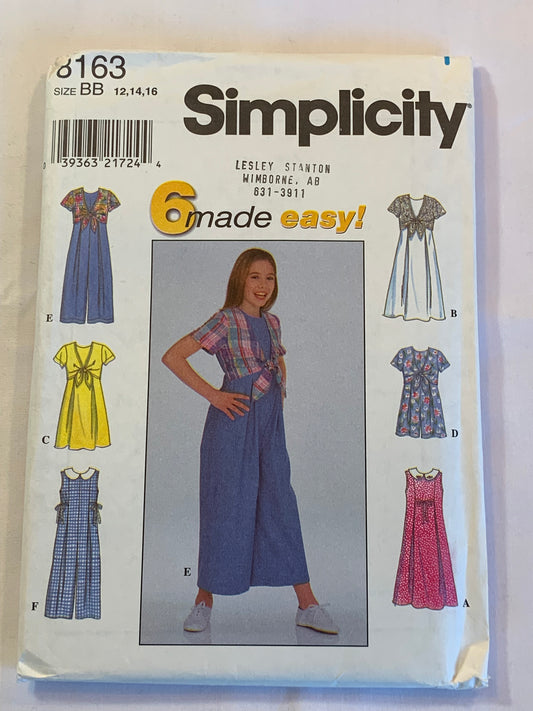 Simplicity Sewing Pattern 8163 Girls' Dress. Jumpsuit, Romper, Zipper Back, Long Sleeves, Sleeveless, Pleats, Tie Belt, Two Lengths, Size 12-16, Uncut, Vintage 1996