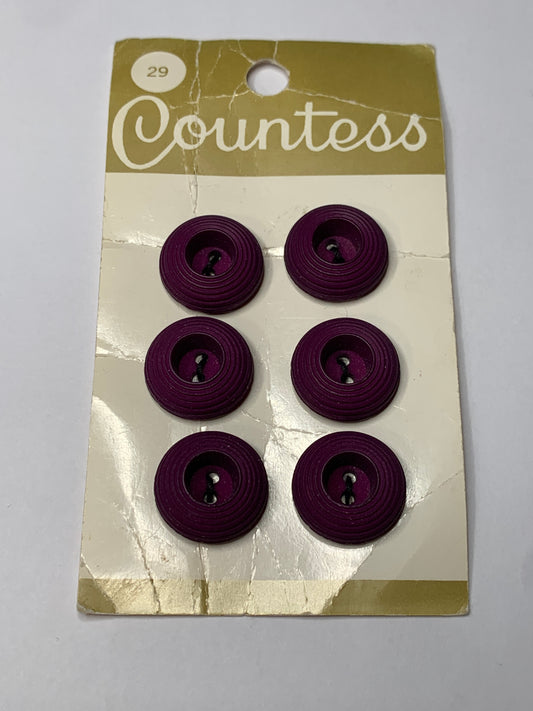 Vintage 6 Swirl Design Plastic Buttons, 2 Hole, Dark Purple, 1.5 cm, New/Old Stock