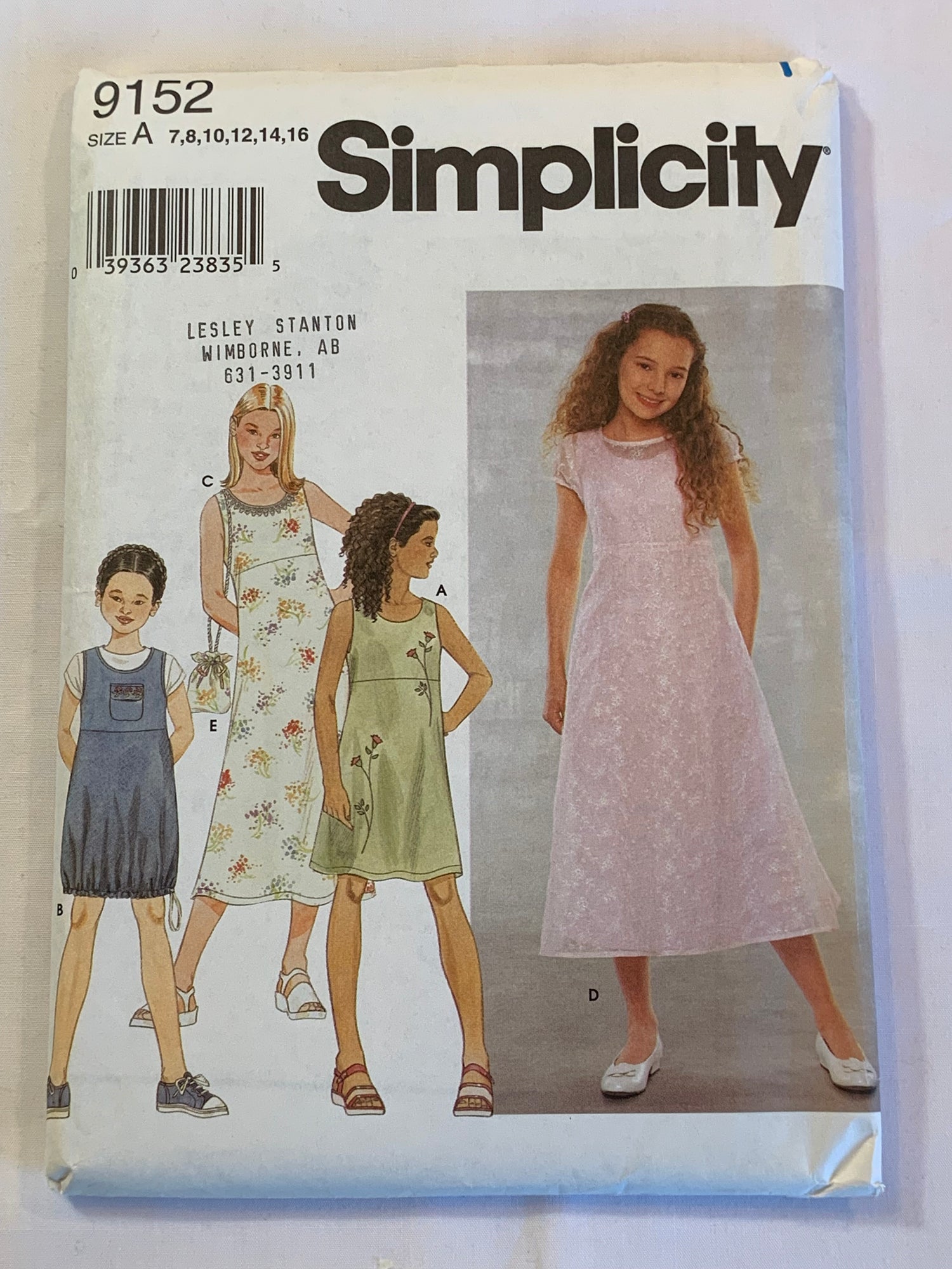 Simplicity Sewing Pattern 9152 Girls' Dresses, Jumper, Purse, Sleeveless, 4 Variations, Two Lengths, Pullover, Tie Back, Size 7-16, Uncut, 2000