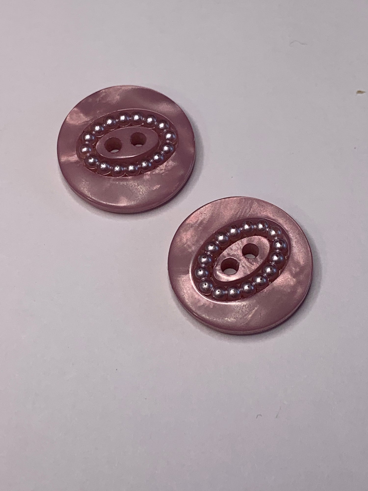 Vintage 2 Round, Oval  White Beads, Plastic Buttons, 2 Hole, Light Purple, 1.7 cm, New/Old Stock