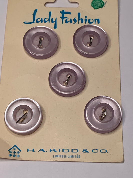 Vintage 6 Round Plastic Buttons, 2 Hole, Light Purple, 1.5 cm, New/Old Stock