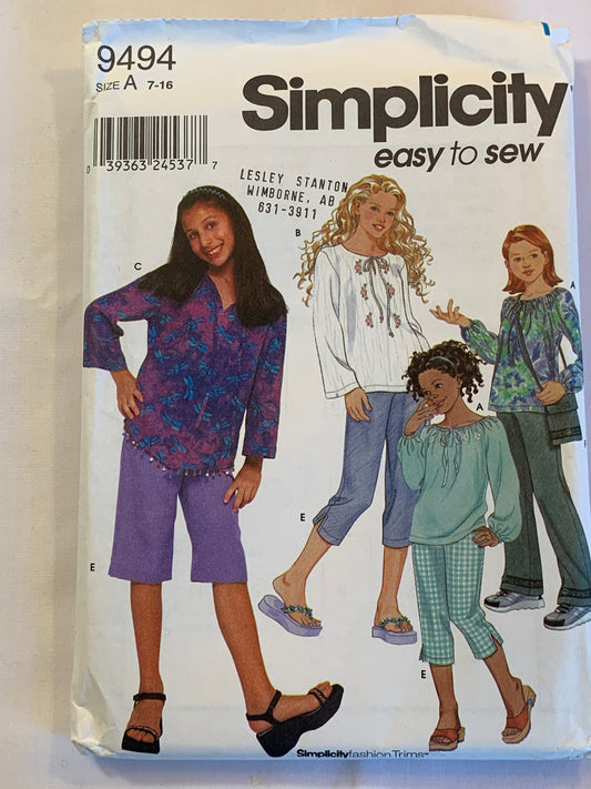 Simplicity Sewing Pattern 9494 Girls' Tops, Pants, Two Lengths, Shoulder Bag, 3 Variations, Long Sleeves, Pullover, Size 7-16, Uncut, 2000