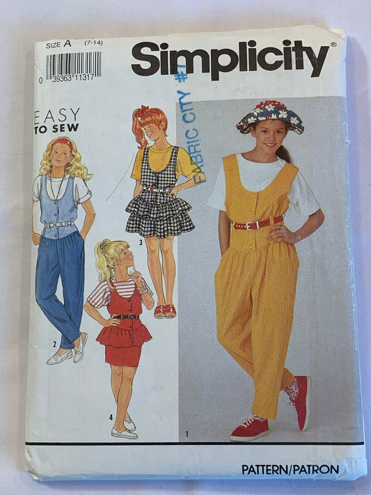 Simplicity Sewing Pattern 7301 Girls' Jumpsuit, Jumpers, Top, Pullover, Short Sleeves, Sleeveless, Dropped Waist, Size 7-14, Uncut, Vintage 1991