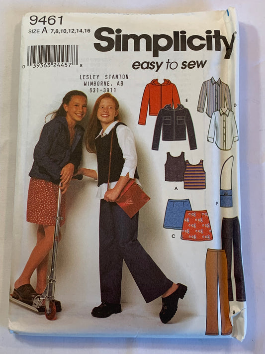 Simplicity Sewing Pattern 9461 Girls' Hooded Jacket, Top, Skirt, Pants, Purse, Sleeveless, Pockets, Button/Snap Front, Size 7-16, Uncut, 2000