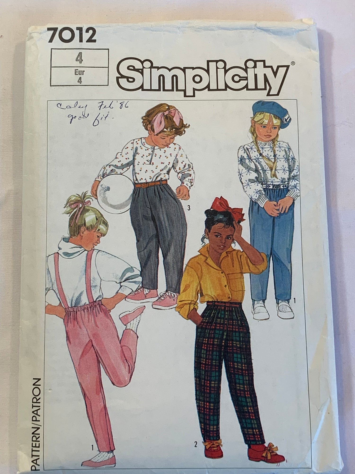 Simplicity Sewing Pattern 7012 Girls' Jodhpurs, Pants, Pull-On, Stretch Knits Only, Fly Zipper, Stirrups, Size 4, Cut, Vintage 1985