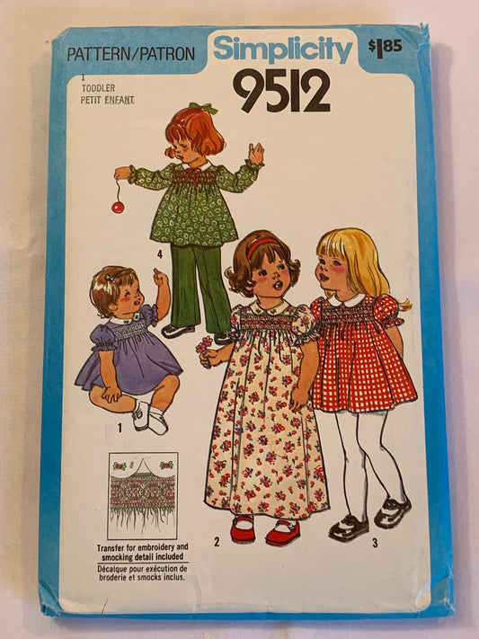 Simplicity Sewing Pattern 9512 Toddlers' Dress, Two Lengths, Pants, Embroidery Transfers, Back Button, Elastic Waist, 4 Variations, Size 1, Cut, Vintage 1980