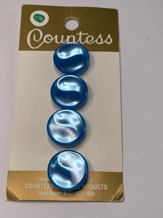 Vintage 4 Round Plastic Buttons, Shank, Blue, 1.5 cm, New/Old Stock
