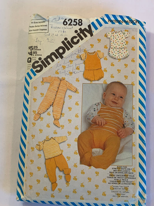 Simplicity Sewing Pattern 6258 Babies/ Infants, Panties, Coveralls, Pants, Shirt, Top, Feet, Elastic Waist, Long/Short Sleeves, Size 1-18 Months, Cut, Vintage 1983