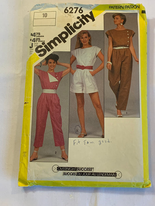 Simplicity Sewing Pattern 6276 Misses' Jumpsuit, Three Lengths, Pockets, Sleeveless, Button Front, Sizes 10, Cut, Vintage 1979
