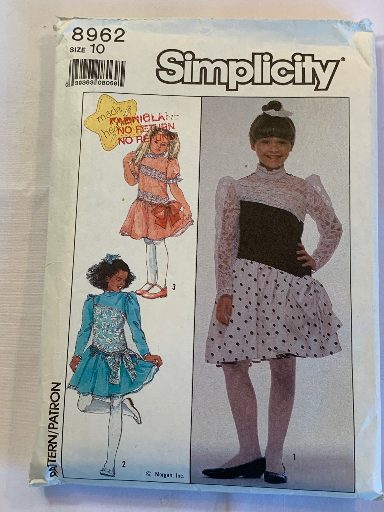 Simplicity Sewing Pattern 8962 Girls' Dress, Short/Long Sleeves, Zipper Back, Gathered Skirt, Petticoat, Collar, Size 10, Cut, Vintage 1988