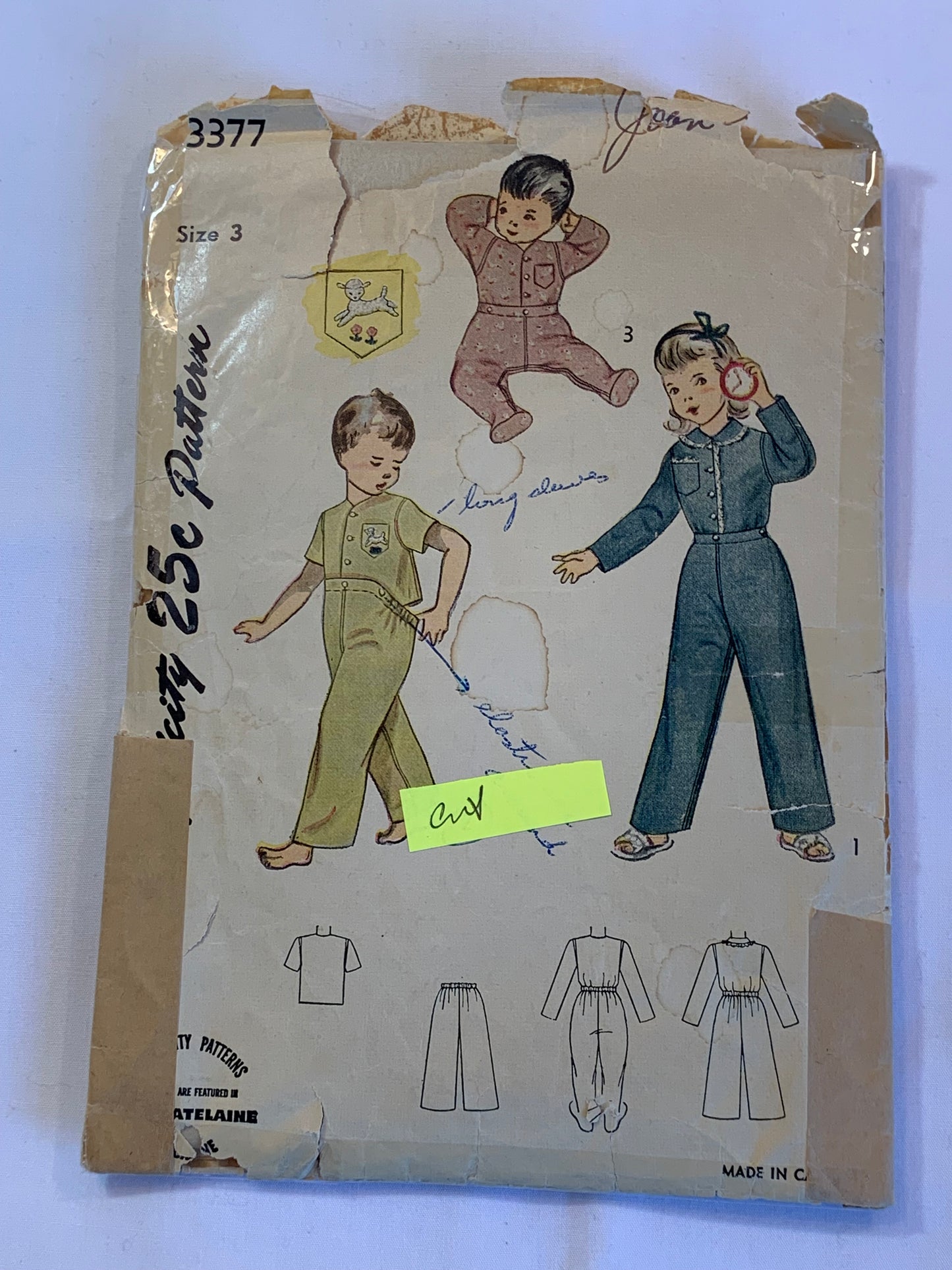 Simplicity Sewing Pattern 3377 Toddlers'/Boy's/Girls' Pajamas, Top, Pants, Transfers, Long Sleeves, Elastic Waist, Size 3, Cut, Vintage 1949