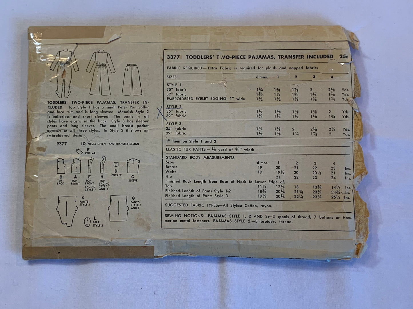 Simplicity Sewing Pattern 3377 Toddlers'/Boy's/Girls' Pajamas, Top, Pants, Transfers, Long Sleeves, Elastic Waist, Size 3, Cut, Vintage 1949