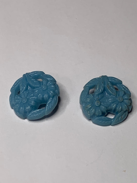 Vintage Children/Baby 2 Round Plastic Buttons, Flower Design, Shank, Light Blue, 1.5 cm, New/Old Stock