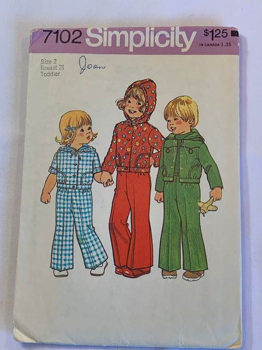 Simplicity Sewing Pattern 7102 Toddlers'/Boy's/Girls' Unlined Hooded Jacket, Pants, Elastic Waist, Pull-On, Long/Short Sleeves, Size 2, Cut, Vintage 1975