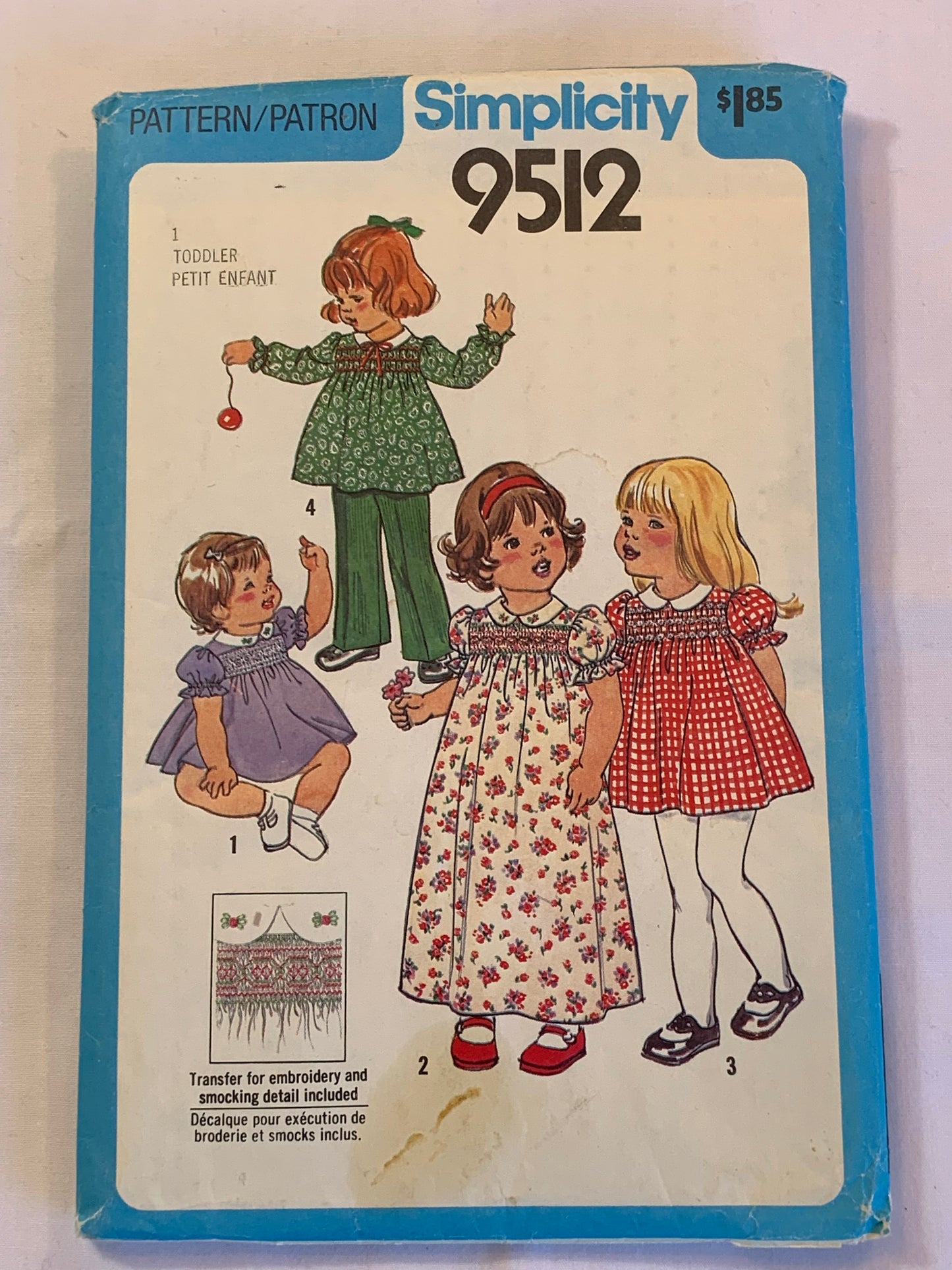 Simplicity Sewing Pattern 9512 Toddlers' Dress, Two Lengths, Pants, Embroidery Transfers, Back Button, Elastic Waist, 4 Variations, Size 1, Cut, Vintage 1980