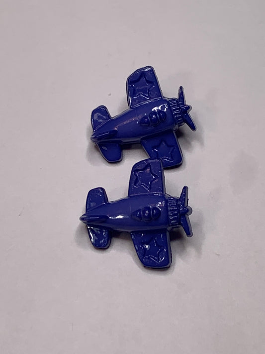 Vintage Children/Baby 2 Round Plastic Buttons, Airplane, Shank, Dark Blue, 1.5 cm, New/Old Stock