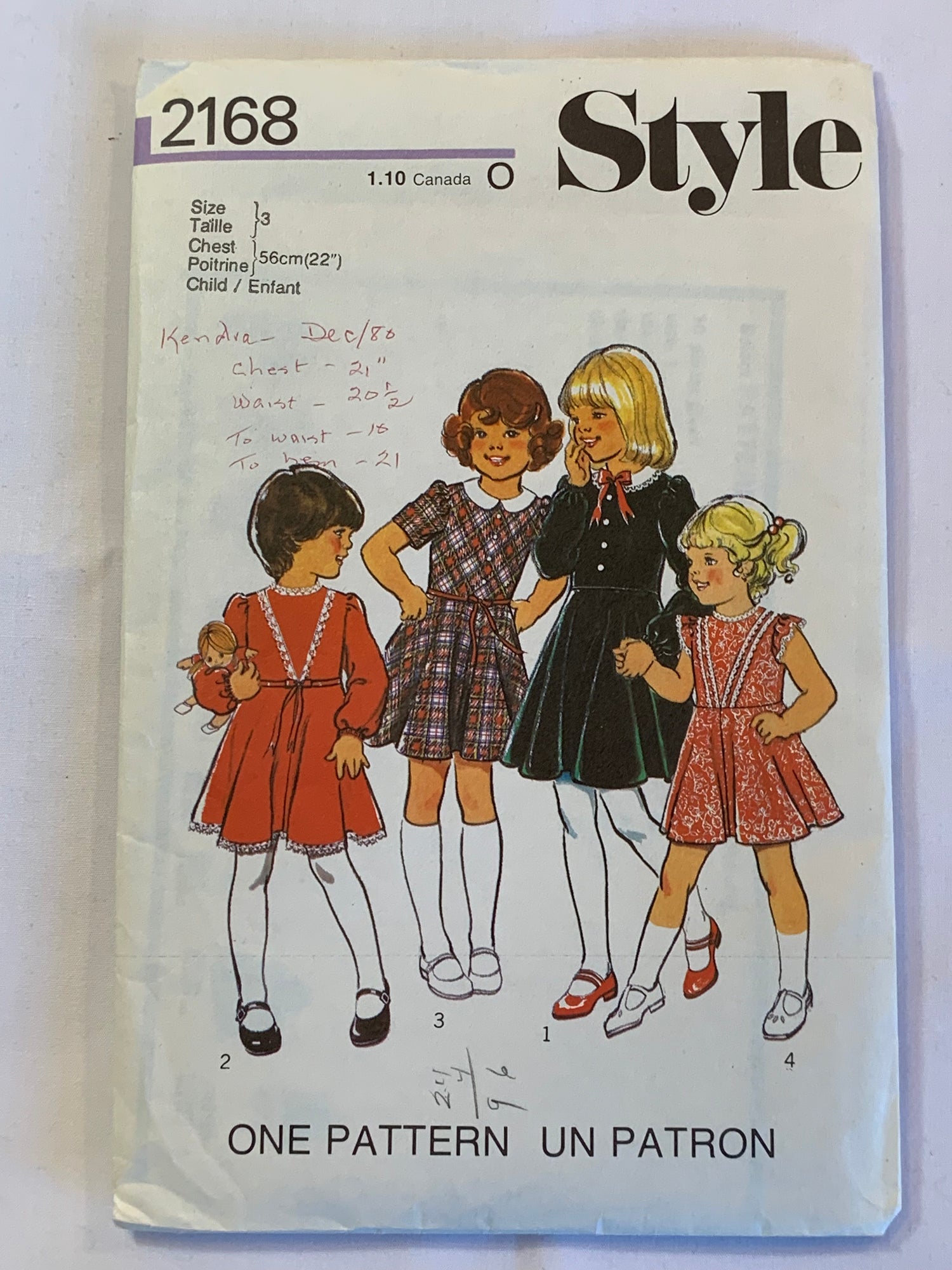 Style Sewing Pattern 2168 Girls' Dress, Zipper Back, Long/Short Sleeves, Collar, Flared Skirt, Size 3, Cut, Vintage 1977