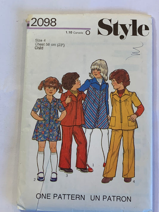 Style Sewing Pattern 2098 Girls' Dress, Tops, Pants, Flared, Collar, Zipper Front, Pockets, Size 4, Cut, Vintage 1977
