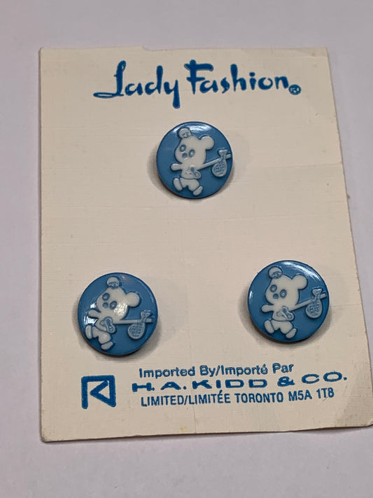 Vintage Baby/Children Teddy Bears, 3 Round Plastic Buttons, Shank, Light Blue, 1.0 cm, New/Old Stock