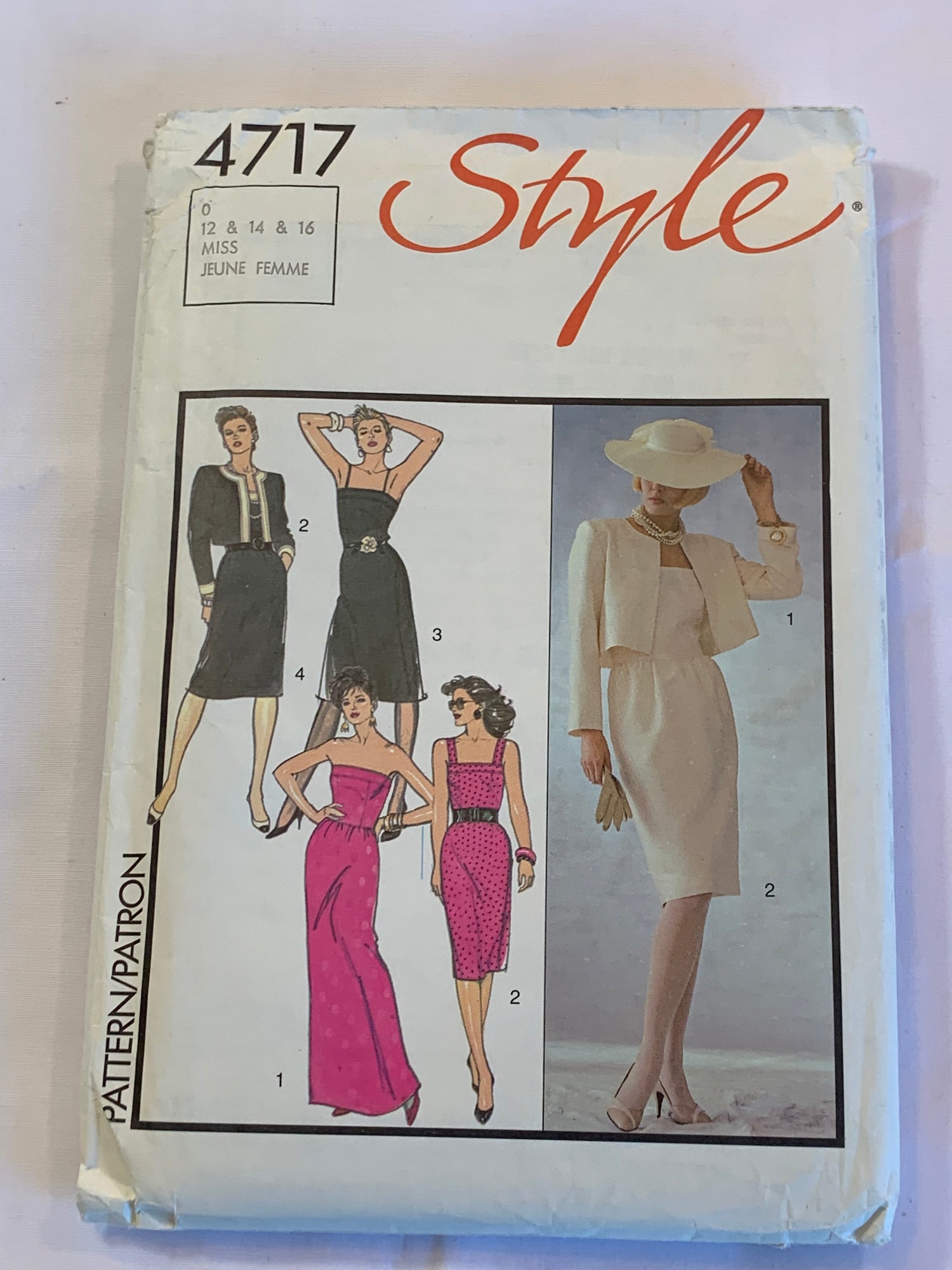 Style Sewing Pattern 4717 Misses' Dress, Two Lengths, Lined Jacket, Button Back, Shoulder Straps, Long Sleeves, Size 12-14, Uncut, Vintage 1986