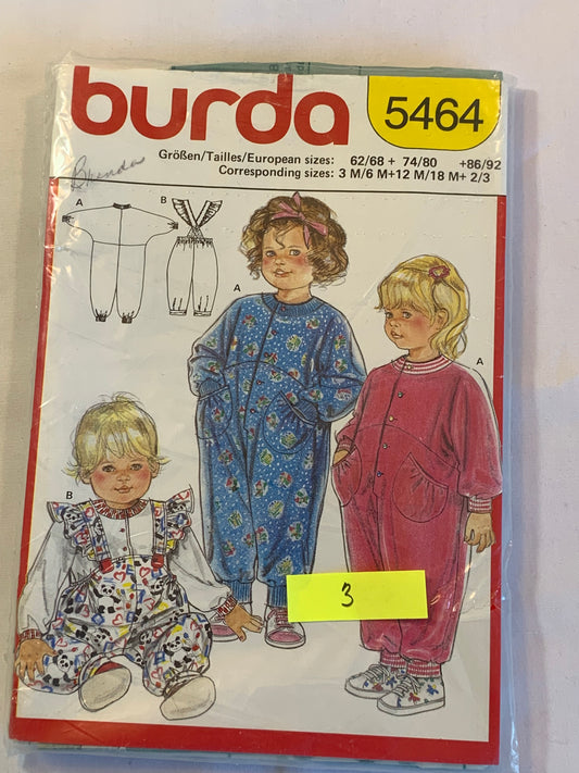 Burda Sewing Pattern 5464 Infant's Baby Jumpsuit, Rompers, Long Sleeves, Cross Shoulder Straps, Button Front, Size 3m-18m, Uncut, 2000