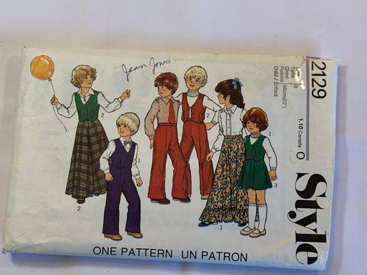 Style Sewing Pattern 2129 Girls'/Boys' Skirt, Pants, Vest, Waistcoat, Shirt, Flared, Side Zipper, Double Breasted, Size 3, Cut, Vintage 1977