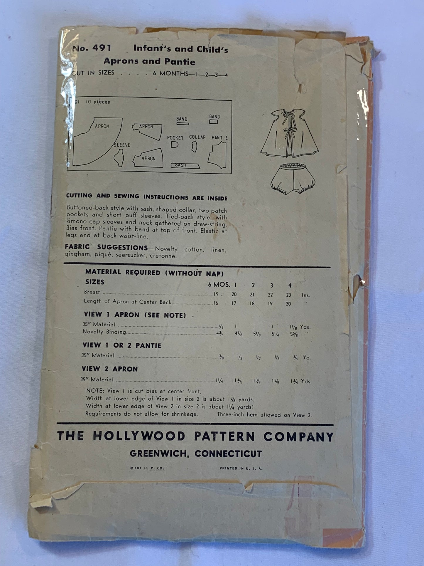 Hollywood Sewing Pattern 491 Girls'/Infants' Apron Top, Panties, Tie Back Sleeveless, Elastic Waist, 2 Variations, Size 1 Year, Cut, Vintage 1940