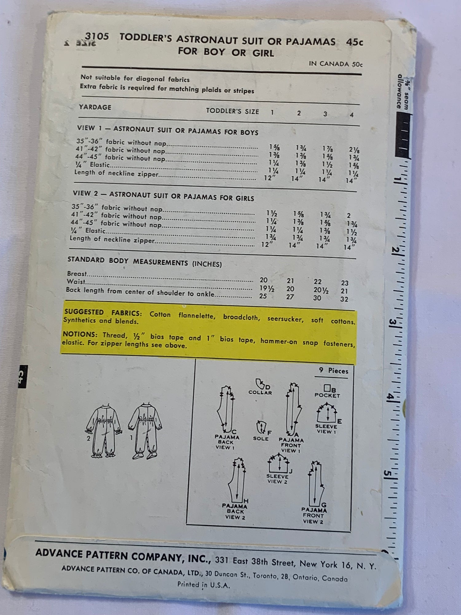 Advance Sewing Pattern 3105 Toddlers' Pajamas, Astronaut Suit, Long Sleeves, Poclets, Booties, Elastic Waist, Zipper Front, Size 2, Cut, Vintage 1950