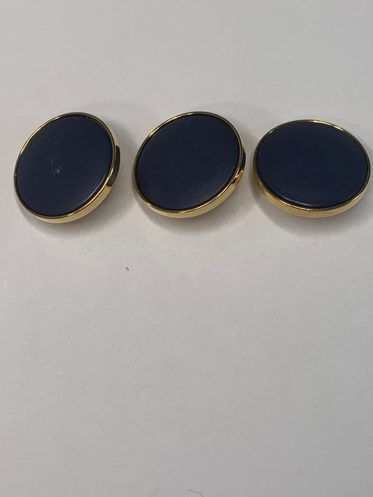Vintage 3 Round Plastic Buttons, Shank, Gold Trim/Blue, 1.8 cm, New/Old Stock