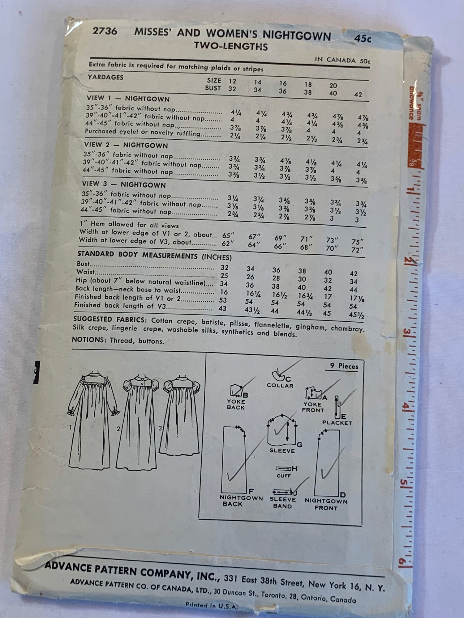 Advance Sewing Pattern 7739 Misses' Nightgown Two Lengths, Long/Short Sleeves, Collar, Ruffles, Size 14, Cut, Vintage 1950