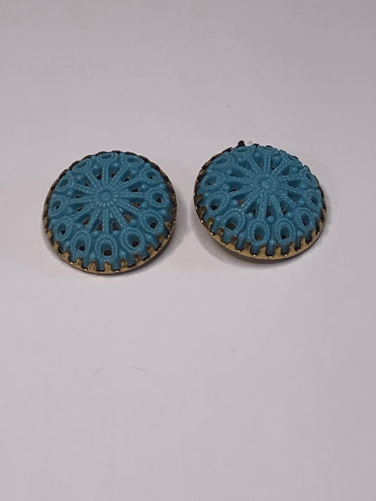 Vintage 2 Round Plastic Buttons, Shank, Gold Trim/Light Blue, 2.0 cm, New/Old Stock