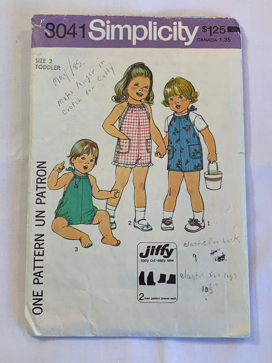 Simplicity Jiffy Sewing Pattern 8041 Toddlers' Short Jumpsuit, 3 Variations, Elastic Waist, Pockets,, Size 1, Cut, Vintage 1976