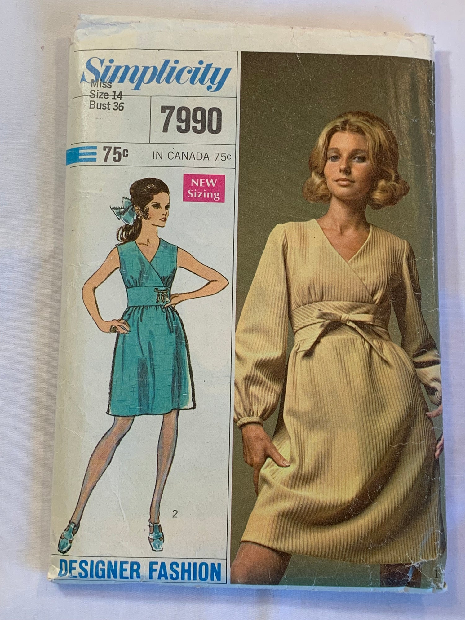 Simplicity Sewing Pattern 7990 Misses' Dresses, Long Sleeves, Sleeveless, Zipper Back, Gathered Skirt, Size 14, Cut, Vintage 1968