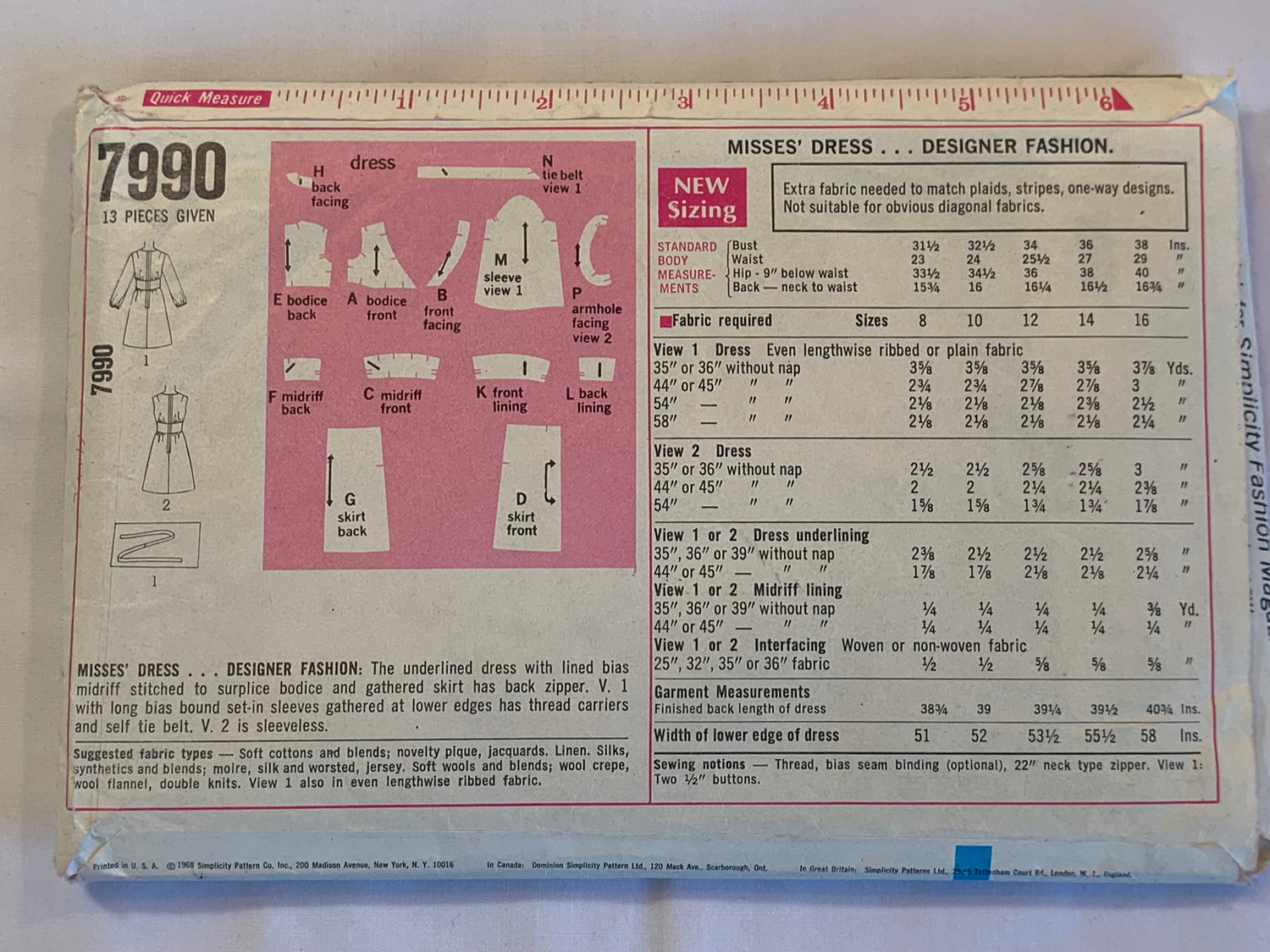 Simplicity Sewing Pattern 7990 Misses' Dresses, Long Sleeves, Sleeveless, Zipper Back, Gathered Skirt, Size 14, Cut, Vintage 1968