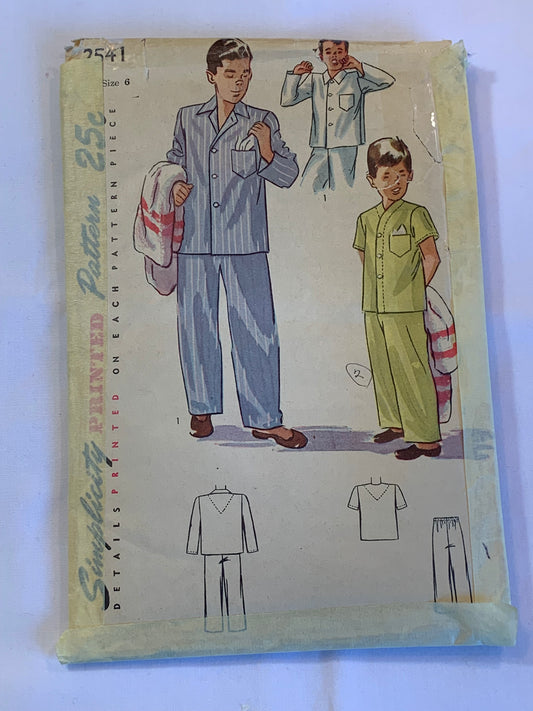 Simplicity Sewing Pattern 2541 Boys' Pajamas, Pants, Top, Pocket, Long/Short Sleeves, Collar, Elastic Waist, Size 6, Cut, Vintage 1950