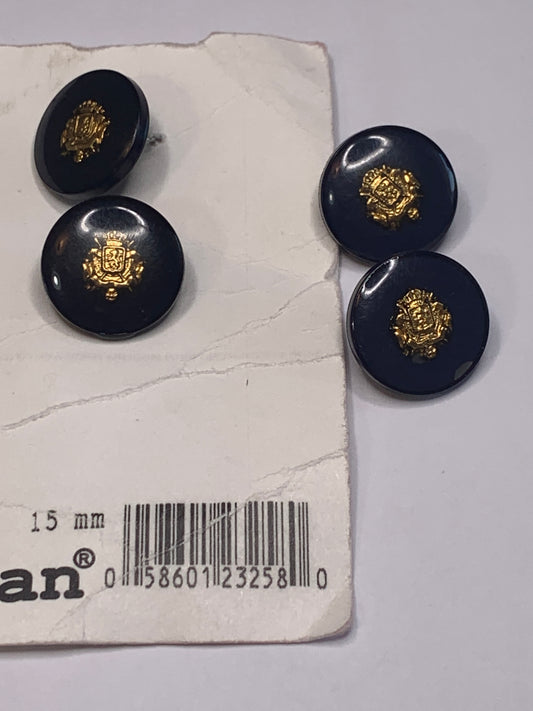 Vintage 4 Round Plastic Buttons, Shank, Gold Crest/Dark Blue, 1.5 cm, New/Old Stock