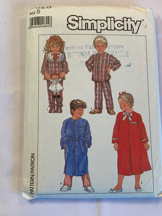 Simplicity Sewing Pattern 8325 Boys'/Girls' Pajamas, Loungewear, Tops, Pants, Nightgown, Robes, Pockets, Tie Belt, Button Front, Size 5, Cut, Vintage 1987
