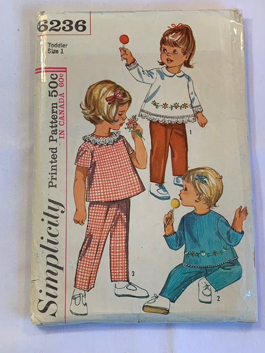 Simplicity Sewing Pattern 6236 Toddlers' Top, Pants, Elastic Waistline, Long/Short Sleeves, Collar, Ruffles, Size 1, Cut, Vintage 1965