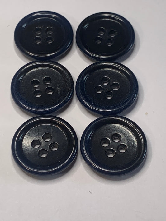 Vintage 6 Round Plastic Buttons, 4 Hole, Two Tone Blue, 2.0 cm, New/Old Stock