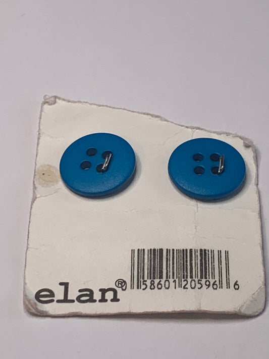 Vintage 2 Round Plastic Buttons, 4 Holes, Blue, 1.5 cm, New/Old Stock