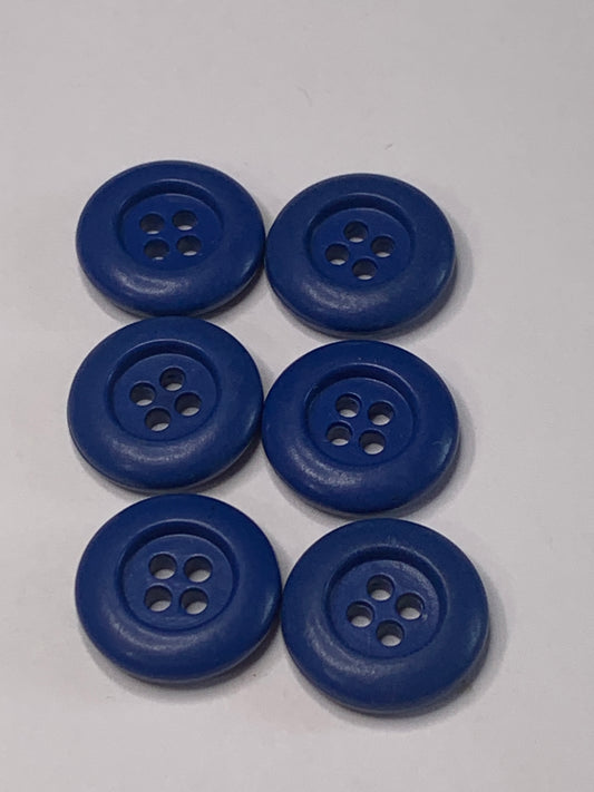 Vintage 6 Round Plastic Buttons, 4 Holes, Blue, 1.5 cm, New/Old Stock