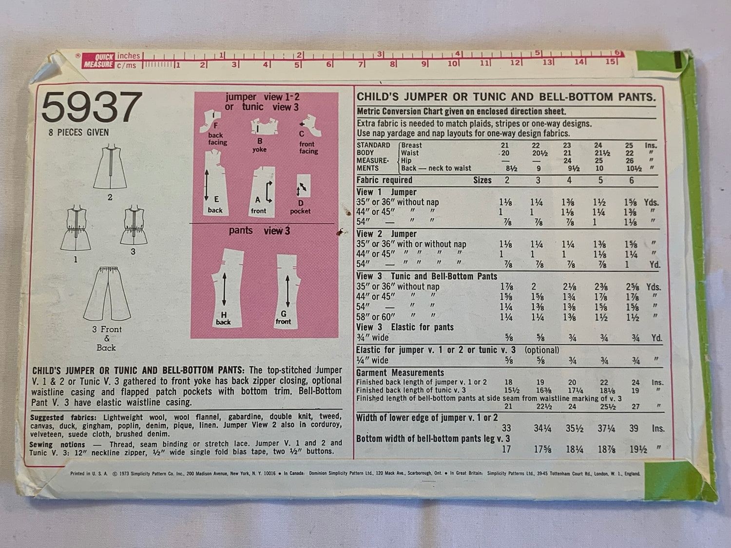 Simplicity Sewing Pattern 5937 Girls' Jumper, Tunic, Bell Bottom Pants, Zipper Back, Pockets, Elastic Waist, Size 3, Cut, Vintage 1973