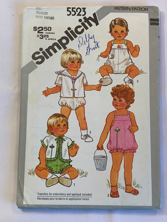 Simplicity New Look Sewing Pattern 5523 Toddlers' Sunsuit, Jacket, Criss-Cross Button Straps, Elastic Back, Ruffles, Sailor Collar, Trasfers Missing, Size 1/2-1, Cut, Vintage 1981