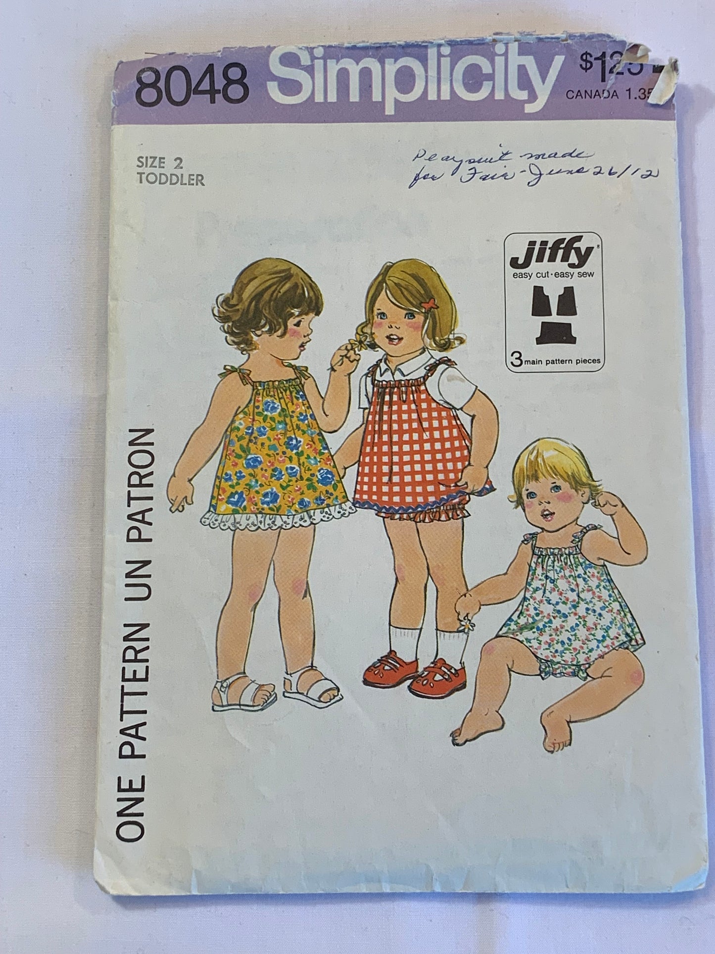 Simplicity Jiffy Sewing Pattern 8048 Toddlers' Dress, Jumper, Bloomers, Sleeveless, Elastic Waist, Size 2, Cut, Vintage 1977